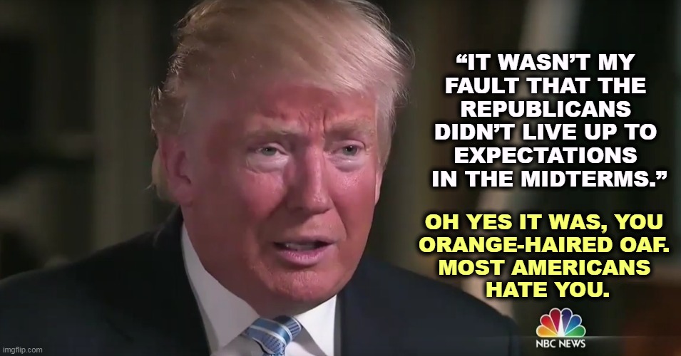 Alibis, excuses. | “IT WASN’T MY 
FAULT THAT THE 
REPUBLICANS 
DIDN’T LIVE UP TO 
EXPECTATIONS 
IN THE MIDTERMS.”; OH YES IT WAS, YOU 
ORANGE-HAIRED OAF. 

MOST AMERICANS 
HATE YOU. | image tagged in trump tears and dilated pupils,republicans,epic fail,trump,stupid | made w/ Imgflip meme maker