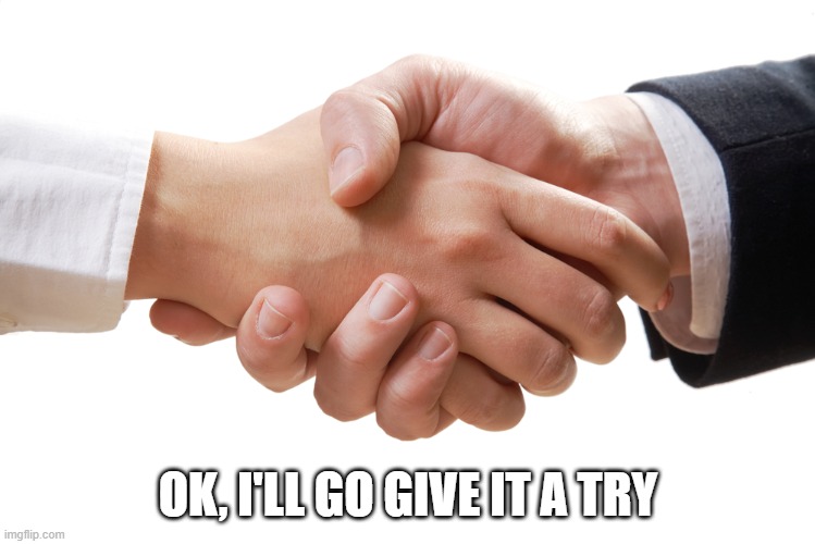 shaking hands | OK, I'LL GO GIVE IT A TRY | image tagged in shaking hands | made w/ Imgflip meme maker