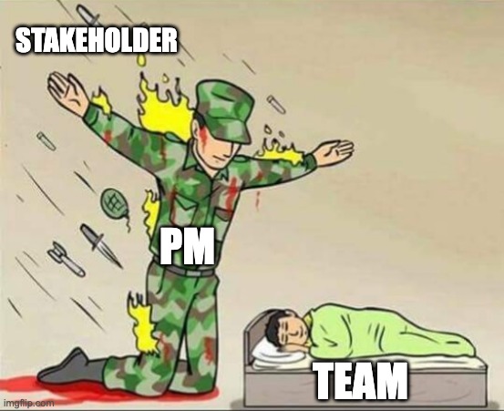 PM STAKEHOLDER | STAKEHOLDER; PM; TEAM | image tagged in soldier protecting sleeping child | made w/ Imgflip meme maker