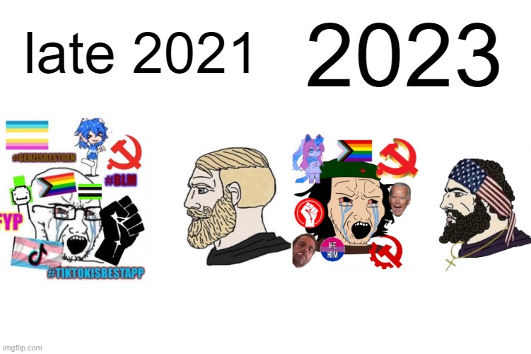 remade one of my old templates! | late 2021; 2023 | image tagged in che guevara and patriot chad average liberal vs chad 2023 ver,memes | made w/ Imgflip meme maker
