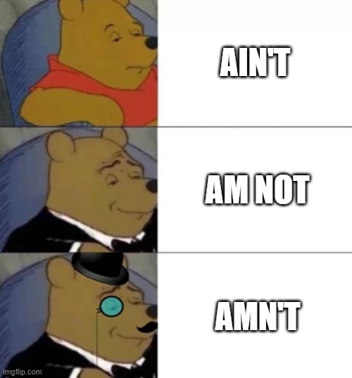 Amnt | AIN'T; AM NOT; AMN'T | image tagged in fancy pooh | made w/ Imgflip meme maker