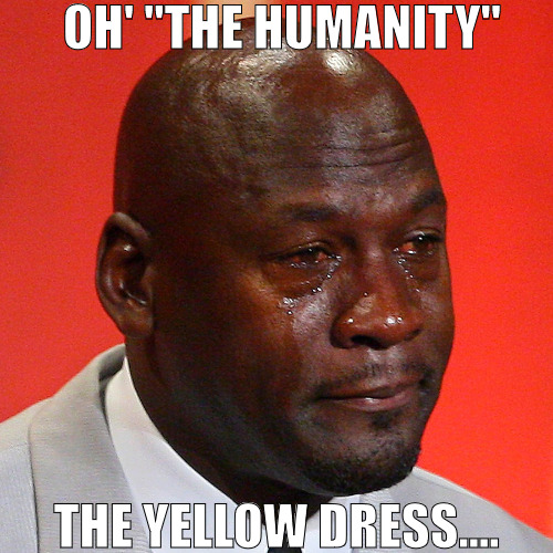 which way is up | OH' "THE HUMANITY"; THE YELLOW DRESS.... | image tagged in michael jordan crying,micheal jordan | made w/ Imgflip meme maker