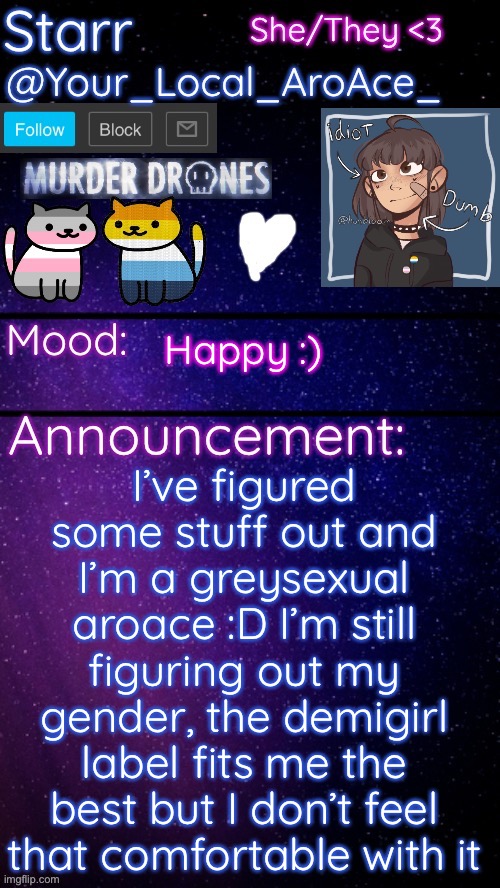 I’m halfway there, sexuality: done, gender: work in progress :’D | I’ve figured some stuff out and I’m a greysexual aroace :D I’m still figuring out my gender, the demigirl label fits me the best but I don’t feel that comfortable with it; Happy :) | image tagged in starr s temp 3 | made w/ Imgflip meme maker