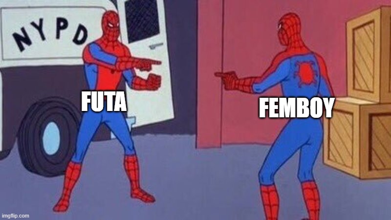 So, Who came first the femboy or futa? | FUTA; FEMBOY | image tagged in spiderman pointing at spiderman | made w/ Imgflip meme maker