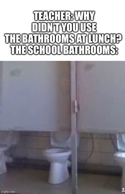 School bathrooms | TEACHER: WHY DIDN’T YOU USE THE BATHROOMS AT LUNCH? 

THE SCHOOL BATHROOMS: | image tagged in blank white template | made w/ Imgflip meme maker