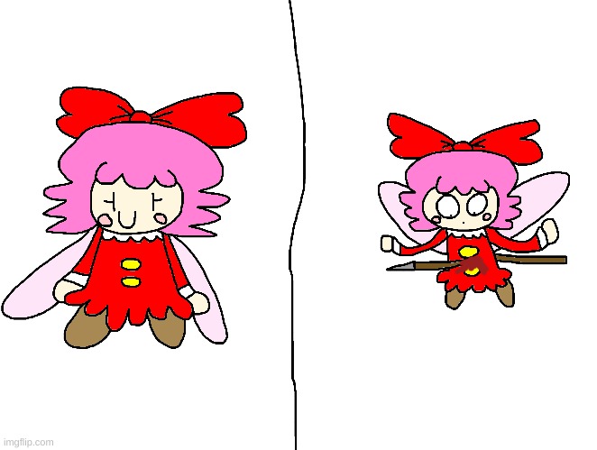 Ribbon get's stabbed on the torso with a spear | image tagged in kirby,ribbon,gore,blood,funny,cute | made w/ Imgflip meme maker