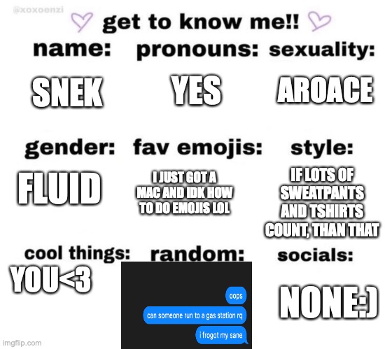 eeeeeeeeeeee | AROACE; YES; SNEK; FLUID; IF LOTS OF SWEATPANTS AND TSHIRTS COUNT, THAN THAT; I JUST GOT A MAC AND IDK HOW TO DO EMOJIS LOL; YOU<3; NONE:) | image tagged in get to know me | made w/ Imgflip meme maker