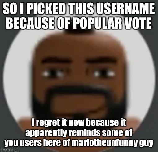 SO I PICKED THIS USERNAME BECAUSE OF POPULAR VOTE; I regret it now because it apparently reminds some of you users here of mariotheunfunny guy | made w/ Imgflip meme maker