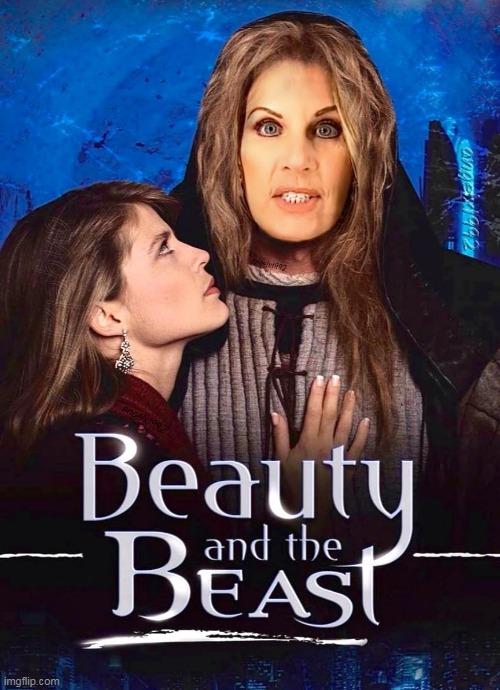 image tagged in michele bachmann,ron perlman,beauty and the beast,clown car republicans,linda hamilton,republican monsters | made w/ Imgflip meme maker