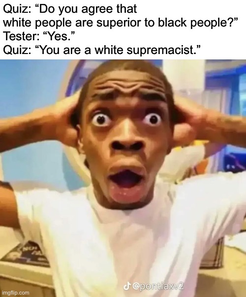 How does anyone fall for this shit | Quiz: “Do you agree that white people are superior to black people?”
Tester: “Yes.”
Quiz: “You are a white supremacist.” | image tagged in shocked black guy | made w/ Imgflip meme maker