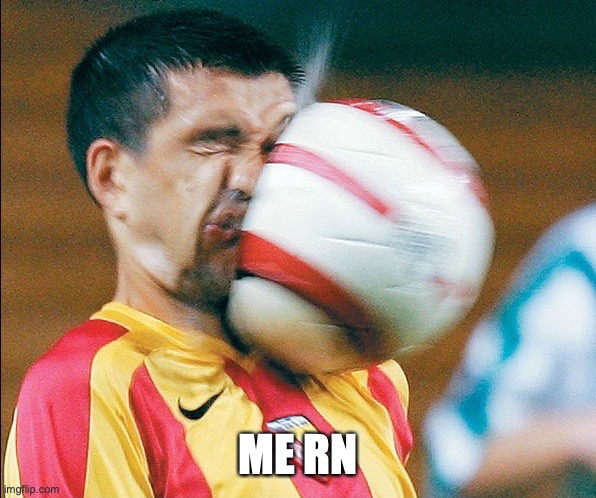 getting hit in the face by a soccer ball | ME RN | image tagged in getting hit in the face by a soccer ball | made w/ Imgflip meme maker