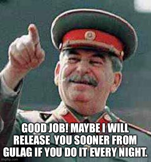Stalin says | GOOD JOB! MAYBE I WILL RELEASE  YOU SOONER FROM GULAG IF YOU DO IT EVERY NIGHT. | image tagged in stalin says | made w/ Imgflip meme maker