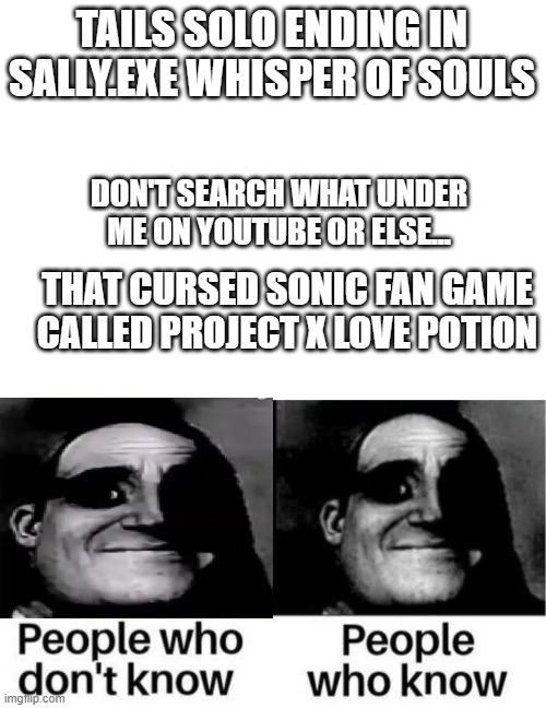 Search if you wanna die... | TAILS SOLO ENDING IN SALLY.EXE WHISPER OF SOULS; DON'T SEARCH WHAT UNDER ME ON YOUTUBE OR ELSE... THAT CURSED SONIC FAN GAME CALLED PROJECT X LOVE POTION | image tagged in people who don't know people who know | made w/ Imgflip meme maker
