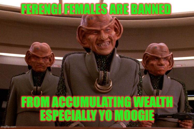 Ferengi Star Trek | FERENGI FEMALES ARE BANNED; FROM ACCUMULATING WEALTH
ESPECIALLY YO MOOGIE | image tagged in ferengi star trek | made w/ Imgflip meme maker