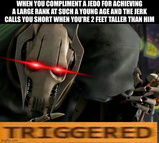 General Grievous Collection | WHEN YOU COMPLIMENT A JEDO FOR ACHIEVING A LARGE RANK AT SUCH A YOUNG AGE AND THE JERK CALLS YOU SHORT WHEN YOU'RE 2 FEET TALLER THAN HIM | image tagged in general grievous collection | made w/ Imgflip meme maker
