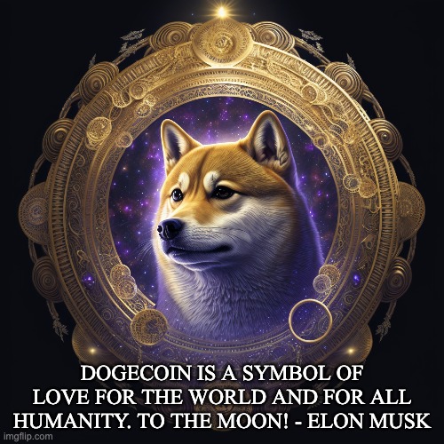Elon Musk Quote | DOGECOIN IS A SYMBOL OF LOVE FOR THE WORLD AND FOR ALL HUMANITY. TO THE MOON! - ELON MUSK | image tagged in doge,dogecoin,elon musk,shiba inu,inspirational quotes | made w/ Imgflip meme maker