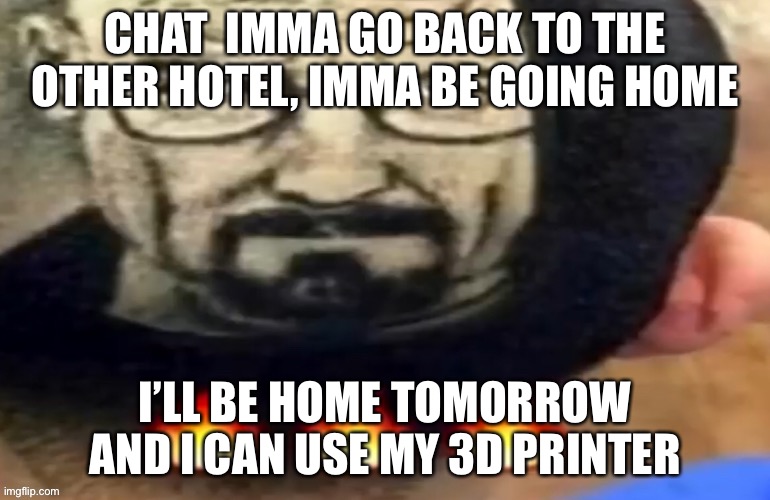 Cya in like 6 hours or something | CHAT  IMMA GO BACK TO THE OTHER HOTEL, IMMA BE GOING HOME; I’LL BE HOME TOMORROW AND I CAN USE MY 3D PRINTER | image tagged in heisenberg haircut | made w/ Imgflip meme maker