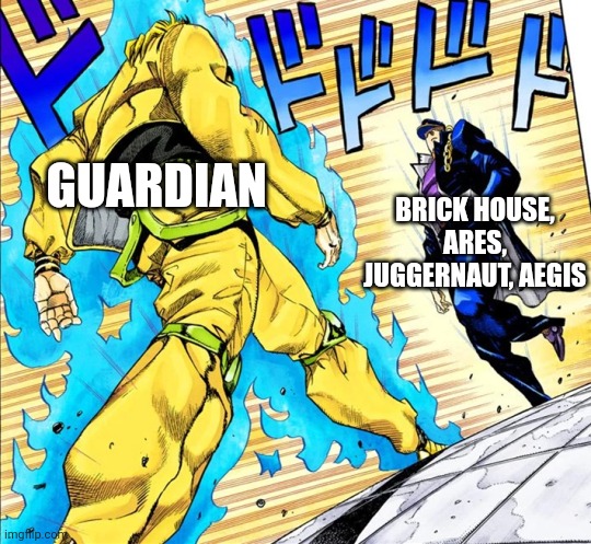Mech arena in a nutshell | BRICK HOUSE, ARES, JUGGERNAUT, AEGIS; GUARDIAN | image tagged in jojo's walk | made w/ Imgflip meme maker