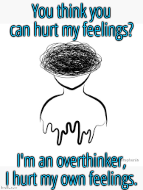 Overthinker | You think you can hurt my feelings? I'm an overthinker, I hurt my own feelings. | image tagged in memes | made w/ Imgflip meme maker