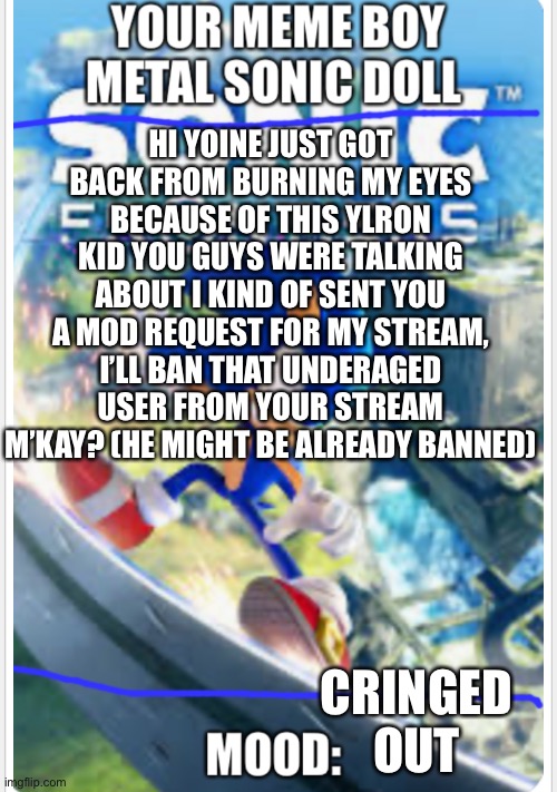 Message for yoine but he’s friends can read it too | HI YOINE JUST GOT BACK FROM BURNING MY EYES BECAUSE OF THIS YLRON KID YOU GUYS WERE TALKING ABOUT I KIND OF SENT YOU A MOD REQUEST FOR MY STREAM, I’LL BAN THAT UNDERAGED USER FROM YOUR STREAM M’KAY? (HE MIGHT BE ALREADY BANNED); CRINGED OUT | image tagged in metal sonic doll s sonic frontiers announcement template | made w/ Imgflip meme maker