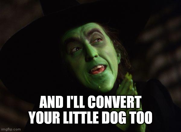Wicked Witch West | AND I'LL CONVERT YOUR LITTLE DOG TOO | image tagged in wicked witch west | made w/ Imgflip meme maker