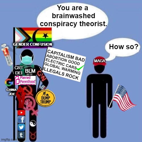 Choices |  You are a 
brainwashed
conspiracy theorist. GENDER CONFUSION; How so? MAGA; CAPITALISM BAD; ABORTION GOOD; ELECTRIC CARS; CRT
DEI; GLOBAL WARMING; BLM; ILLEGALS ROCK; CHINA 
JOE | image tagged in politics,liberals vs conservatives,choices,leftists,maga,political humor | made w/ Imgflip meme maker