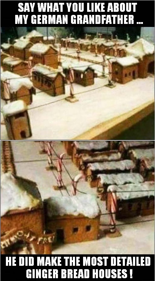 What The .... |  SAY WHAT YOU LIKE ABOUT
 MY GERMAN GRANDFATHER ... HE DID MAKE THE MOST DETAILED
 GINGER BREAD HOUSES ! | image tagged in gingerbread,concentration camp,wtf,dark humour | made w/ Imgflip meme maker