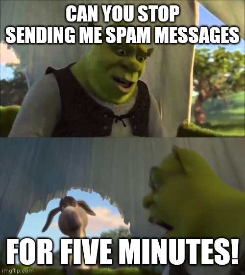 I hate spam | CAN YOU STOP SENDING ME SPAM MESSAGES; FOR FIVE MINUTES! | image tagged in shrek five minutes,spam | made w/ Imgflip meme maker