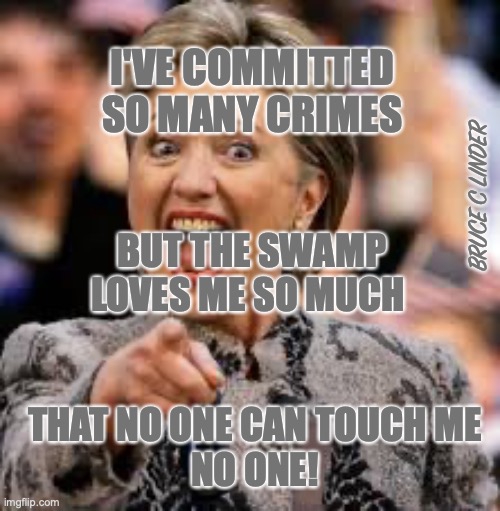 Untouchable |  I'VE COMMITTED SO MANY CRIMES; BRUCE C LINDER; BUT THE SWAMP LOVES ME SO MUCH; THAT NO ONE CAN TOUCH ME
NO ONE! | image tagged in hillary clinton,untouchable | made w/ Imgflip meme maker