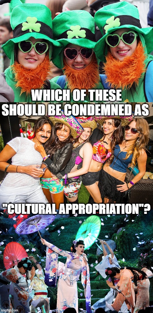 Which of these should be condemned as "cultural appriation"? | WHICH OF THESE SHOULD BE CONDEMNED AS; "CULTURAL APPROPRIATION"? | image tagged in usa,cultural appropriation,tolerance,intolerance,melting pot,america | made w/ Imgflip meme maker