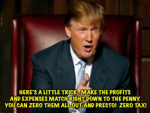You'll never pay taxes again | HERE'S A LITTLE TRICK...MAKE THE PROFITS AND EXPENSES MATCH RIGHT DOWN TO THE PENNY.  YOU CAN ZERO THEM ALL OUT AND PRESTO!  ZERO TAX! | image tagged in donald trump | made w/ Imgflip meme maker