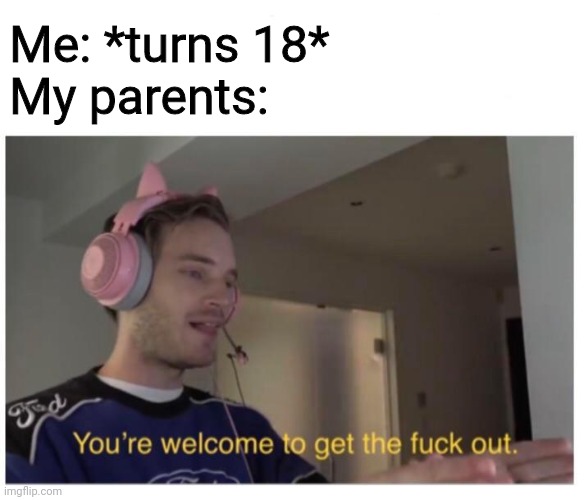 I have revived | Me: *turns 18*
My parents: | image tagged in you're welcome to get the f k out | made w/ Imgflip meme maker