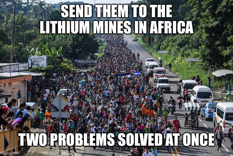 immigrant caravan | SEND THEM TO THE LITHIUM MINES IN AFRICA TWO PROBLEMS SOLVED AT ONCE | image tagged in immigrant caravan | made w/ Imgflip meme maker