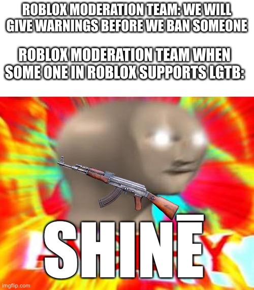 SHINĒ | ROBLOX MODERATION TEAM: WE WILL GIVE WARNINGS BEFORE WE BAN SOMEONE; ROBLOX MODERATION TEAM WHEN SOME ONE IN ROBLOX SUPPORTS LGTB:; SHINĒ | image tagged in surreal angery,roblox,roblox moderation | made w/ Imgflip meme maker