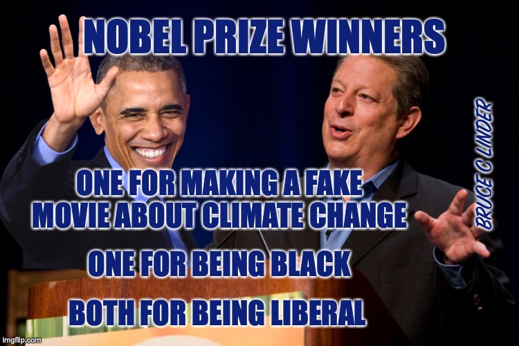 Nobel Prize for being a Liberal | NOBEL PRIZE WINNERS; BRUCE C LINDER; ONE FOR MAKING A FAKE MOVIE ABOUT CLIMATE CHANGE; ONE FOR BEING BLACK; BOTH FOR BEING LIBERAL | image tagged in al gore,obama,nobel prize | made w/ Imgflip meme maker