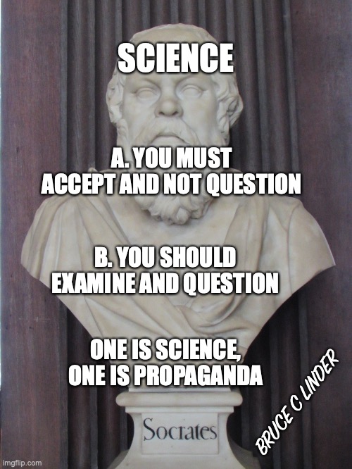 The Socratic Method | SCIENCE; A. YOU MUST ACCEPT AND NOT QUESTION; B. YOU SHOULD EXAMINE AND QUESTION; ONE IS SCIENCE, ONE IS PROPAGANDA; BRUCE C LINDER | image tagged in socrates,science,ask questions | made w/ Imgflip meme maker