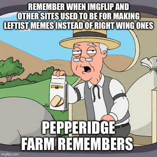 Oh how the times has changed | REMEMBER WHEN IMGFLIP AND OTHER SITES USED TO BE FOR MAKING LEFTIST MEMES INSTEAD OF RIGHT WING ONES; PEPPERIDGE FARM REMEMBERS | image tagged in memes,pepperidge farm remembers | made w/ Imgflip meme maker