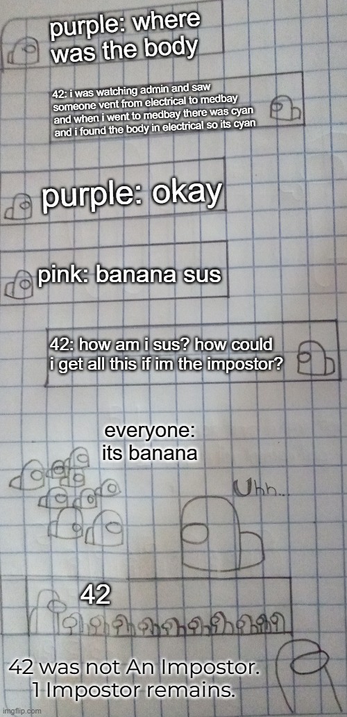 average among us public lobby | purple: where was the body; 42: i was watching admin and saw someone vent from electrical to medbay and when i went to medbay there was cyan and i found the body in electrical so its cyan; purple: okay; pink: banana sus; 42: how am i sus? how could i get all this if im the impostor? everyone: its banana; 42; 42 was not An Impostor.
1 Impostor remains. | image tagged in among us | made w/ Imgflip meme maker