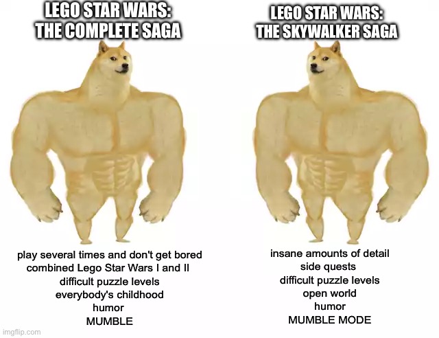 two legends | LEGO STAR WARS: THE COMPLETE SAGA; LEGO STAR WARS: THE SKYWALKER SAGA; insane amounts of detail
side quests 
difficult puzzle levels
open world
humor
MUMBLE MODE; play several times and don't get bored
combined Lego Star Wars I and II 
difficult puzzle levels
everybody's childhood
humor 
MUMBLE | image tagged in buff doge vs buff doge | made w/ Imgflip meme maker