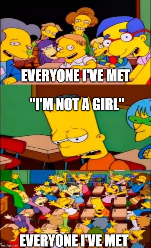 true story | EVERYONE I'VE MET; "I'M NOT A GIRL"; EVERYONE I'VE MET | image tagged in say the line bart simpsons | made w/ Imgflip meme maker