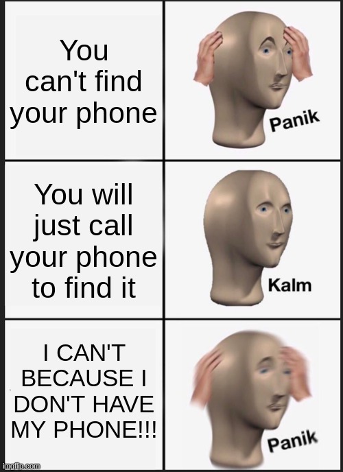 Panik Kalm Panik | You can't find your phone; You will just call your phone to find it; I CAN'T BECAUSE I DON'T HAVE MY PHONE!!! | image tagged in memes,panik kalm panik | made w/ Imgflip meme maker