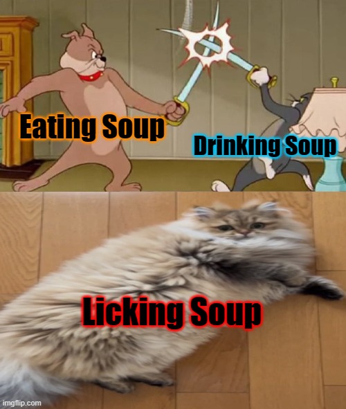 hell naw it chose third option |  Eating Soup; Drinking Soup; Licking Soup | image tagged in tom and jerry swordfight,soup,cats,cat | made w/ Imgflip meme maker