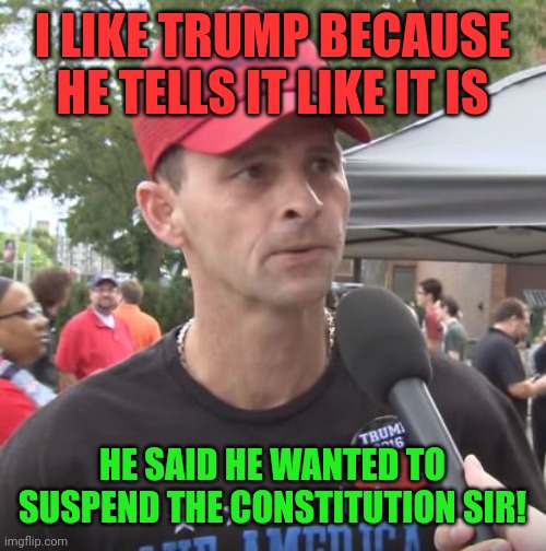 MAGA | I LIKE TRUMP BECAUSE HE TELLS IT LIKE IT IS; HE SAID HE WANTED TO SUSPEND THE CONSTITUTION SIR! | image tagged in trump supporter | made w/ Imgflip meme maker