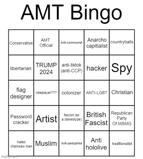 Let’s play AMT Bingo! | image tagged in amt bingo,memes | made w/ Imgflip meme maker