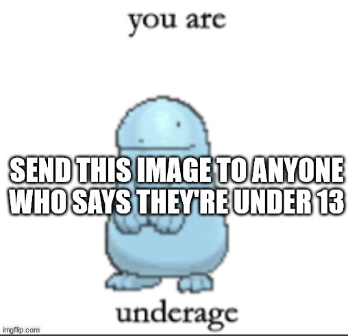 The template if you want it is called "quagsire enforces the 13+ rule" | SEND THIS IMAGE TO ANYONE WHO SAYS THEY'RE UNDER 13 | image tagged in quagsire enforces the 13 rule | made w/ Imgflip meme maker