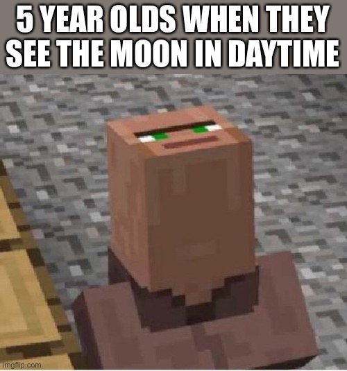 Minecraft Villager Looking Up | 5 YEAR OLDS WHEN THEY SEE THE MOON IN DAYTIME | image tagged in minecraft villager looking up | made w/ Imgflip meme maker