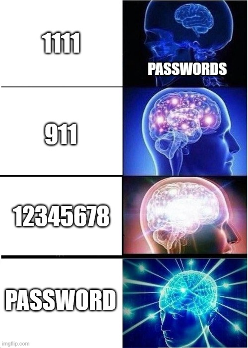 passwords | 1111; PASSWORDS; 911; 12345678; PASSWORD | image tagged in memes,expanding brain | made w/ Imgflip meme maker