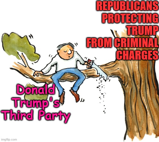 Donald Trump's Third Party vs. Republican Party protecting him | REPUBLICANS PROTECTING TRUMP FROM CRIMINAL CHARGES; Donald Trump's Third Party | image tagged in trump,republican,insurrection,treason,criminal,justice | made w/ Imgflip meme maker