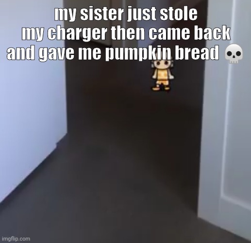 kel | my sister just stole my charger then came back and gave me pumpkin bread 💀 | image tagged in kel | made w/ Imgflip meme maker