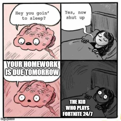 This is why you should never game | YOUR HOMEWORK IS DUE TOMORROW; THE KID WHO PLAYS FORTNITE 24/7 | image tagged in hey you going to sleep | made w/ Imgflip meme maker